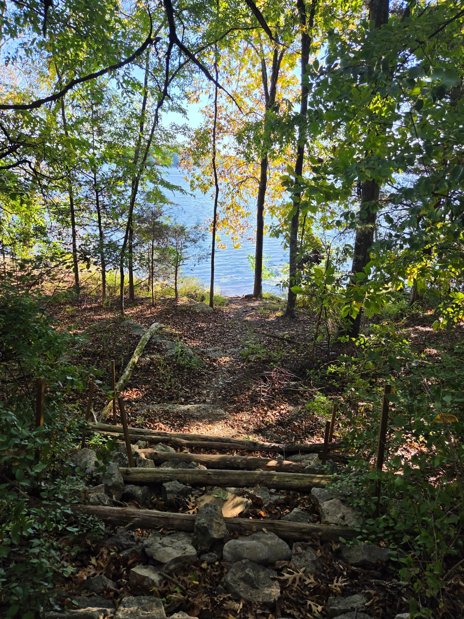 Wooded path and lake view near the community