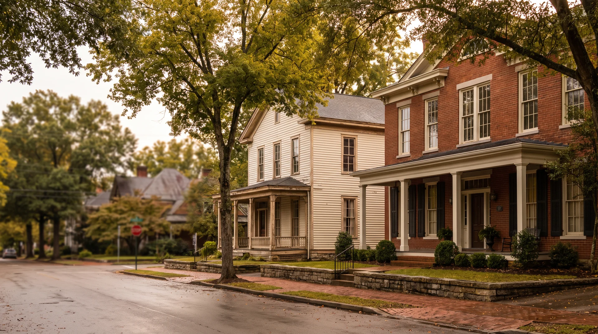 Historic brick and wood homes on a tree-lined Middle Tennessee street representing Franklin and Columbia home-buying research