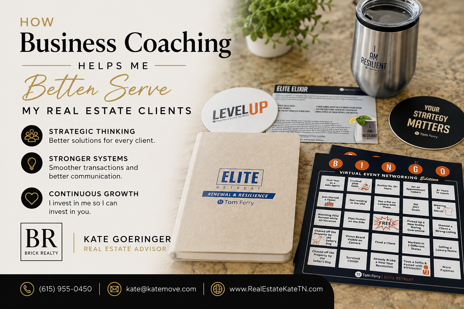 Branded business coaching graphic for Kate Goeringer featuring Tom Ferry Elite coaching materials and client-service benefits