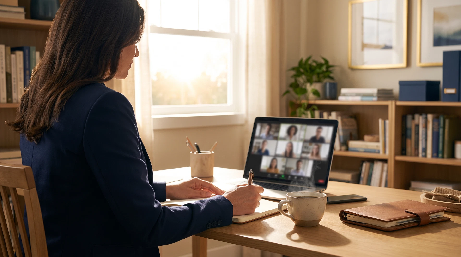 Real estate professional joining an early morning business coaching mastermind from a home office